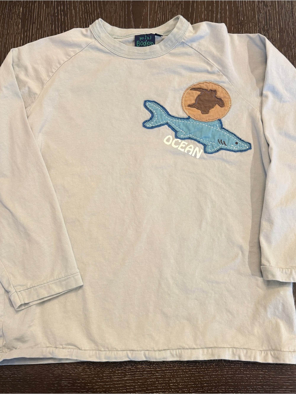 Mini Boden Boy’s 11-12 Lt Sage Green Long Sleeve Shirt with Shark Appliqué EUC